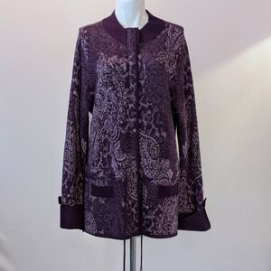 Pendleton Purple Paisley Knit Long-Sleeve Cardigan Jacket Merino Wool Size L NWT